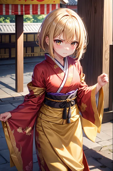 Best Quality、、Very cute、angry looking face、short-hair、Golden head hair、shrines、I want to blush、Staring at this、winc、Kimono、