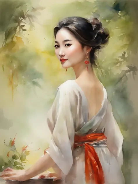 Watercolor painting of a Very Beautiful chinese girl : : Trending on Artstation: : Simple composition creates a sense of order and harmony. The painting reflects the spiritual qualities of the natural world. --up light --ar 9:16