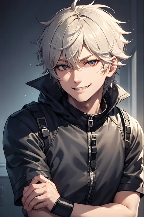 a man with short fluffy hair, head tilted back, smiling, fangs, one hand behind head, open mouth, smug eyes, cool illustration, techwear outfit, close up of face