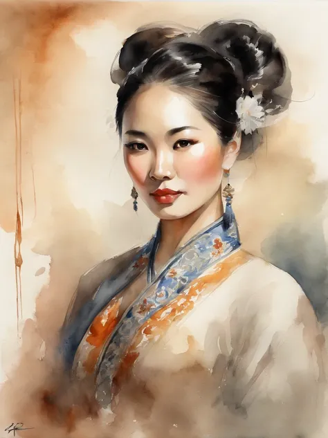 Watercolor painting of a Very Beautiful chinese girl : : Trending on Artstation: : Simple composition creates a sense of order and harmony. The painting reflects the spiritual qualities of the natural world. --up light --ar 9:16