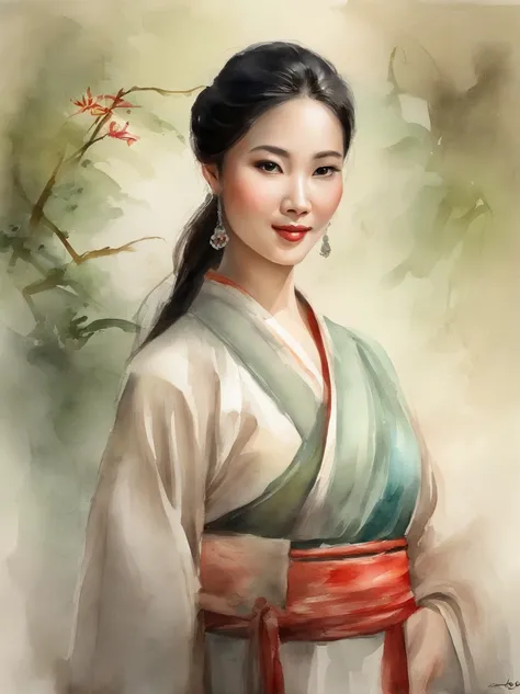 Watercolor painting of a Very Beautiful chinese girl : : Trending on Artstation: : Simple composition creates a sense of order and harmony. The painting reflects the spiritual qualities of the natural world. --up light --ar 9:16