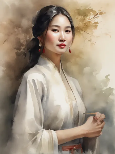 Watercolor painting of a Very Beautiful chinese girl : : Trending on Artstation: : Simple composition creates a sense of order and harmony. The painting reflects the spiritual qualities of the natural world. --up light --ar 9:16