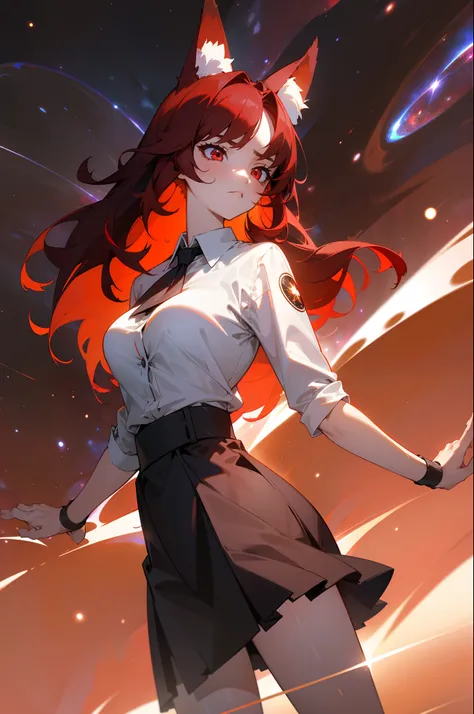 Masterpiece,best quality,hd,4k,1girl ,20s,serious face,white shirt,black skirt,medium tits,red hair,long hair,red eyes,fox ears,waist-up view,close-up,dynamic pose,dynamic lights, god rays,hidden arms,(((galaxy background)))