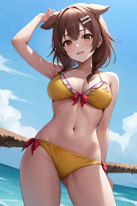 masterpiece, best quality, highres, ik4, animal ears, swimsuit, yellow bikini, hairclip, standing, cowboy shot,