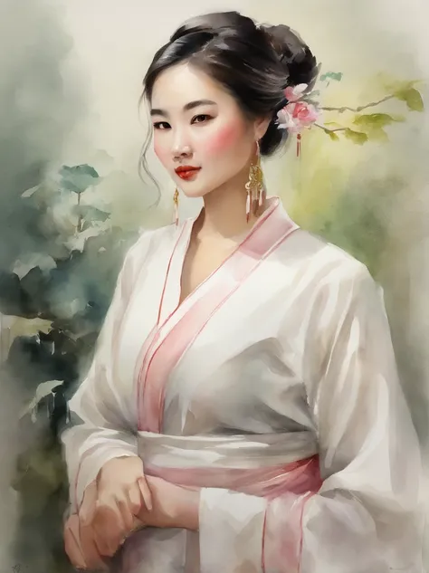 Watercolor painting of a Very Beautiful chinese girl : : Trending on Artstation: : Simple composition creates a sense of order and harmony. The painting reflects the spiritual qualities of the natural world. --up light --ar 9:16