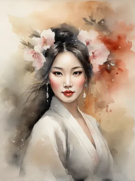 Watercolor painting of a Very Beautiful chinese girl : : Trending on Artstation: : Simple composition creates a sense of order and harmony. The painting reflects the spiritual qualities of the natural world. --up light --ar 9:16