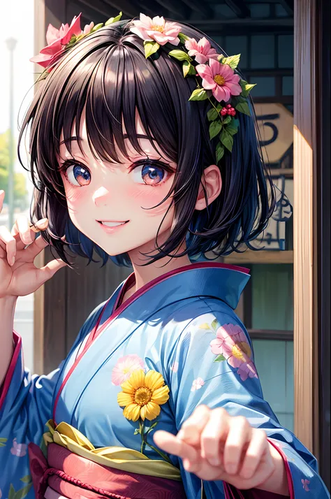 Best Quality、、Very cute、A smile、short-hair、Black hair、Schools、I want to blush、Staring at this、Wink、twinkling、Kimono、