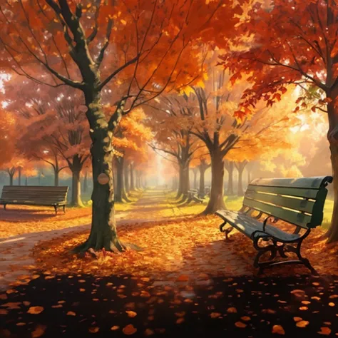 The tree々There is a park bench in the middle of the park where, landscape artwork, background artwork, in autumn, Beautiful Art, Surreal Autumn, in autumn, beautiful artwork, Autumn sunshine, autumn lights, Soft autumn sunshine, autumn lights, 3 d virtual ...