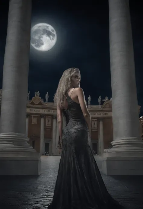 fantasy art, RPG art, photograph, RAW, (Ultra detailed: 1.5), Best Detailed, picture of a female vampire standing in St. Peter in the Vatican, an exquisute beautiful female vampire, full body, (best detailed face: 1.2), (grey skin: 1.2), red lips, (vampiri...