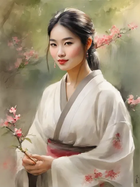 Watercolor painting of a Very Beautiful Japanese girl : : Trending on Artstation: : Simple composition creates a sense of order and harmony. The painting reflects the spiritual qualities of the natural world. --up light --ar 9:16