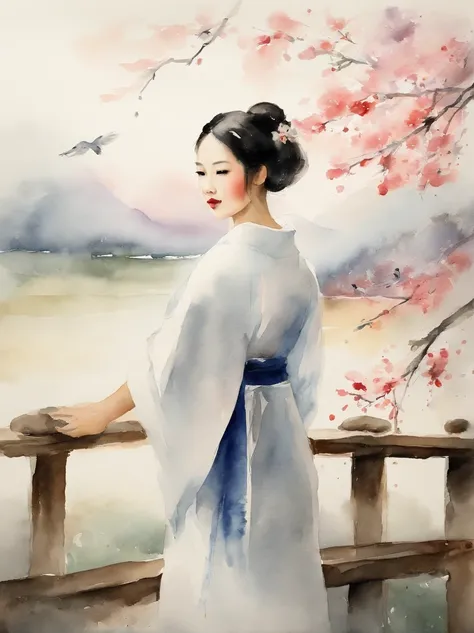 Watercolor painting of a Very Beautiful Japanese girl : : Trending on Artstation: : Simple composition creates a sense of order and harmony. The painting reflects the spiritual qualities of the natural world. --up light --ar 9:16