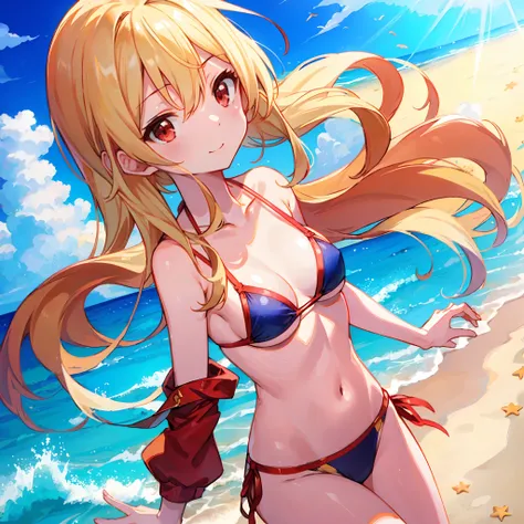 a blond、red eyes、One Beautiful Girl、The bikini、suns、sea side