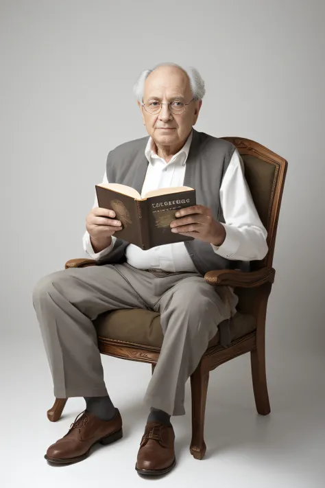 homem arafed sentado em uma cadeira lendo um livro, retrato do livro, he is holding a large book, Ler um livro, um homem de 80 anos, Segurando um livro, fotografia editorial, ele tem cerca de 8 0 anos de idade, Neto de Benjamin, Directed by: Jakob Gauerman...