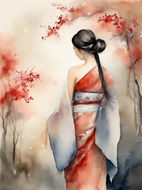 Watercolor painting of a Very Beautiful Japanese girl : : Trending on Artstation: : Simple composition creates a sense of order and harmony. The painting reflects the spiritual qualities of the natural world. --up light --ar 9:16