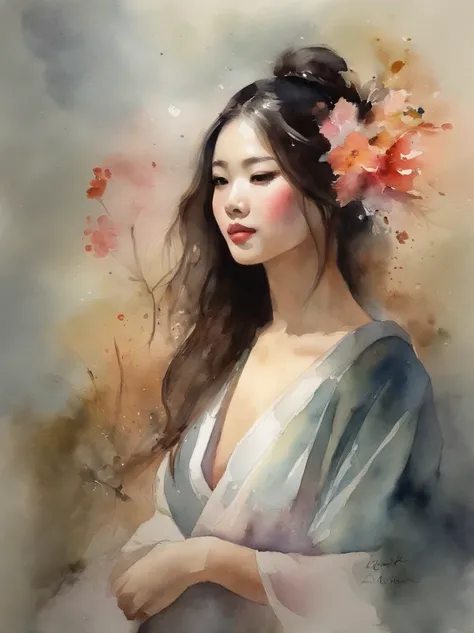 Watercolor painting of a Very Beautiful Japanese girl : : Trending on Artstation: : Simple composition creates a sense of order and harmony. The painting reflects the spiritual qualities of the natural world. --up light --ar 9:16