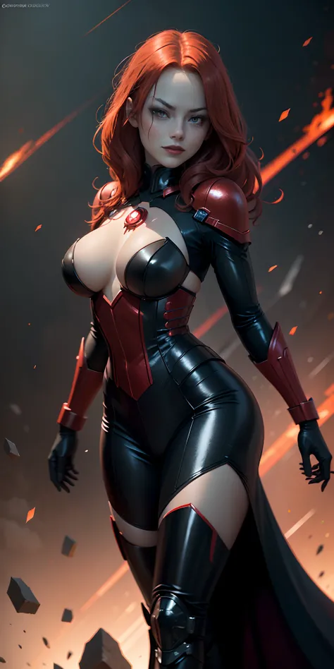 Masterpice, Woman dressed as red lantern from DC comics , big breasts, big butt, sexy body, red  hair color, red ring glowing in her right hand, red  eyes color, red lips , blood around her mouth , mask covered eyes, evil smile, beautiful face with evil lo...