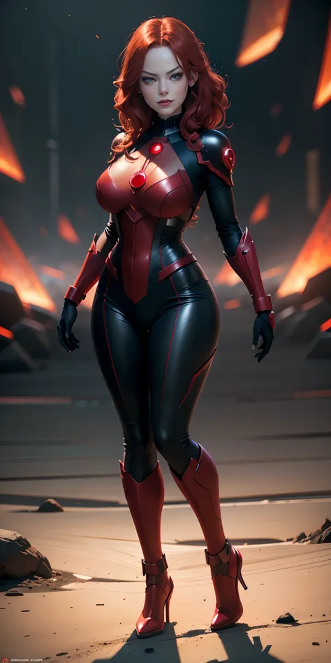 masterpice, woman dressed as red lantern from dc comics , big breasts, big butt, sexy body, red  hair color, red ring glowing in...