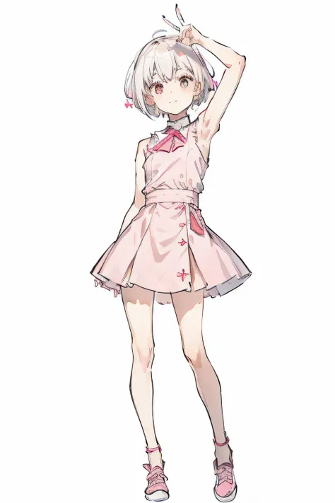 1girl, short {white hair}, pink{simple sleeveless short dress with square neck line}, pink shoes, full body, tilted {peace sign pose only for one hand}, plain white background