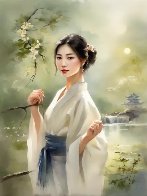 Watercolor painting of a Very Beautiful Japanese girl : : Trending on Artstation: : Simple composition creates a sense of order and harmony. The painting reflects the spiritual qualities of the natural world. --up light --ar 9:16