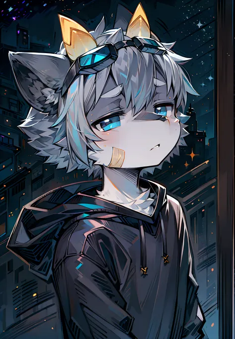 Beast too，Light gray hair，sideface，head portrait，Dark blue-gray fur，Deep blue-black eyes，Melancholy Look，Grey design sweatshirt，Background of dark starry sky，big headed，fica sozinha，Shota，The bangs are dyed dark black gray，Black ears，Yellow horns，There are...