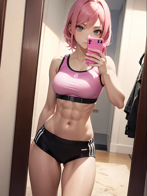 there is a woman with pink hair taking a selfie in a mirror, fit girl, physical : tinyest midriff ever, fit pic, anime girl in real life, 2 4 year old female model, with abs, bubblegum body