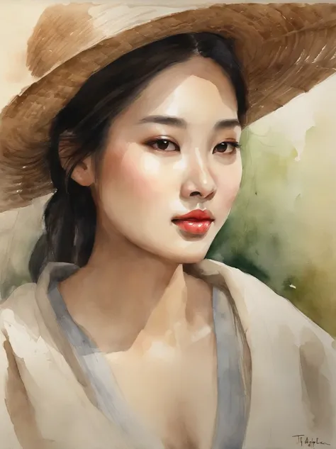 Watercolor painting of a Very Beautiful Korean girl : : Trending on Artstation: : Simple composition creates a sense of order and harmony. The painting reflects the spiritual qualities of the natural world. --up light --ar 9:16