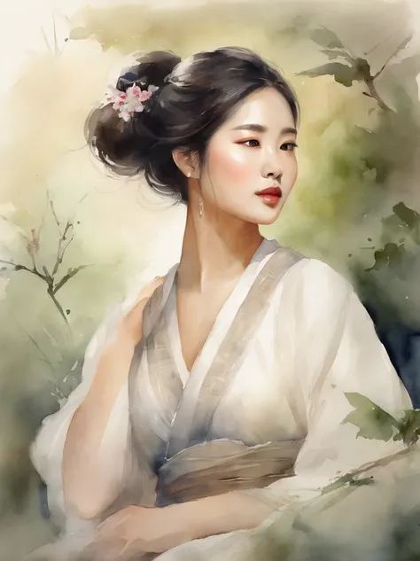 Watercolor painting of a Very Beautiful Korean girl : : Trending on Artstation: : Simple composition creates a sense of order and harmony. The painting reflects the spiritual qualities of the natural world. --up light --ar 9:16