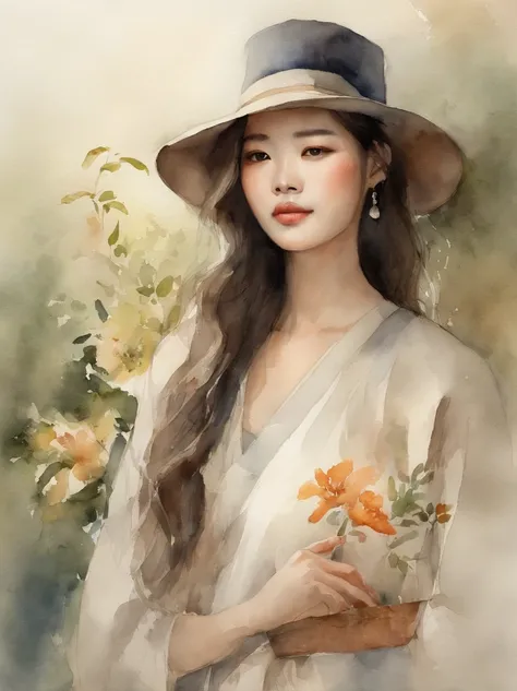 Watercolor painting of a Very Beautiful Korean girl : : Trending on Artstation: : Simple composition creates a sense of order and harmony. The painting reflects the spiritual qualities of the natural world. --up light --ar 9:16