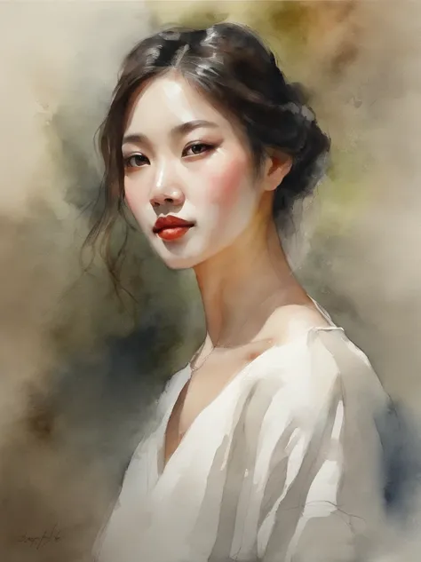 Watercolor painting of a Very Beautiful Korean girl : : Trending on Artstation: : Simple composition creates a sense of order and harmony. The painting reflects the spiritual qualities of the natural world. --up light --ar 9:16