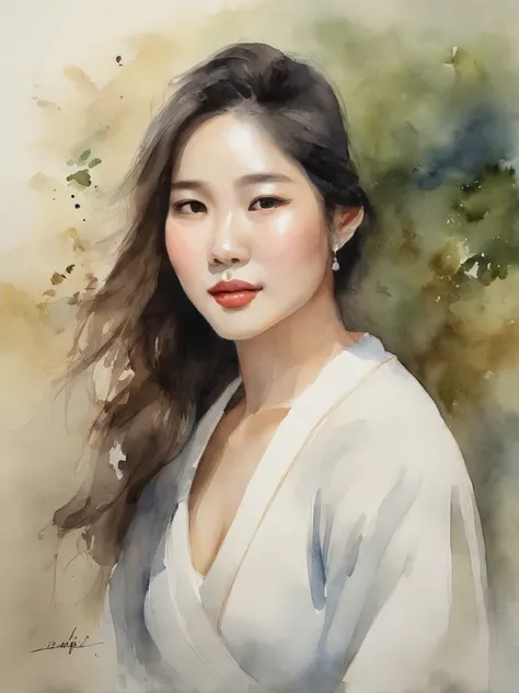 Watercolor painting of a Very Beautiful Korean girl : : Trending on Artstation: : Simple composition creates a sense of order and harmony. The painting reflects the spiritual qualities of the natural world. --up light --ar 9:16