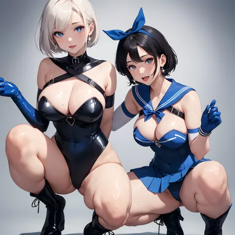 girl,Cute,1 persons,A sexy,Fighter,Magical,Long,Colossal tits,blue sailor collar,Blue pleated skirt,Black Leotard,Best Quality,masuter piece,Adorable face,Rich background,Sailor Mercury,Sailor Senshi Suit, Blue Pupils,Long latex gloves,Blue ribbon at chest...