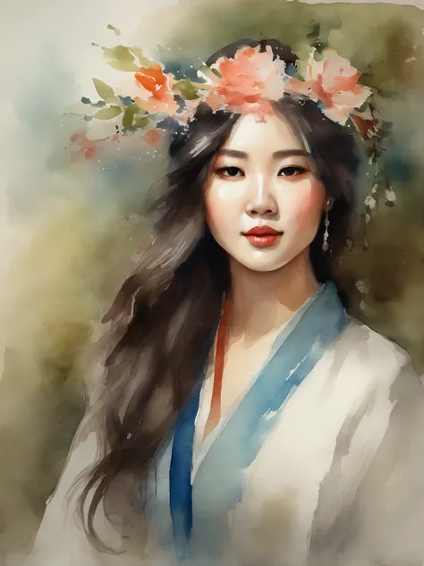 Watercolor painting of a Very Beautiful Korean girl : : Trending on Artstation: : Simple composition creates a sense of order and harmony. The painting reflects the spiritual qualities of the natural world. --up light --ar 9:16