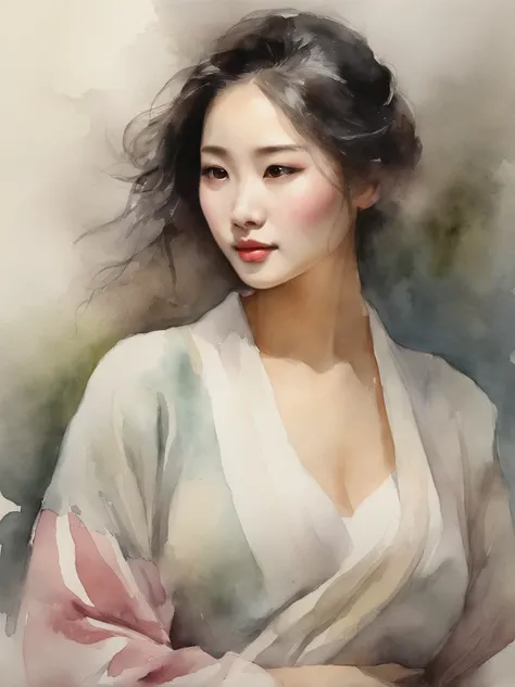 Watercolor painting of a Very Beautiful Korean girl : : Trending on Artstation: : Simple composition creates a sense of order and harmony. The painting reflects the spiritual qualities of the natural world. --up light --ar 9:16