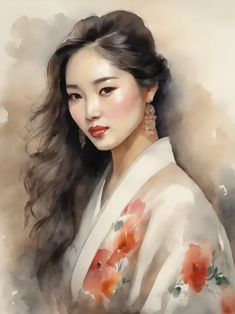 Watercolor painting of a Very Beautiful Korean girl : : Trending on Artstation: : Simple composition creates a sense of order and harmony. The painting reflects the spiritual qualities of the natural world. --up light --ar 9:16