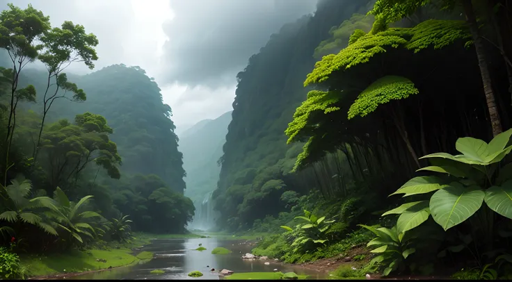 noite com tempestade, Cloudy sky and heavy rain in a rainforest, Wet vegetation