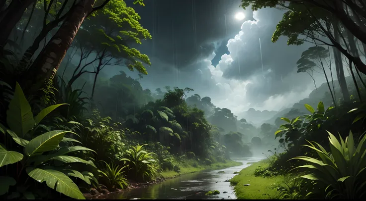 noite com tempestade, Cloudy sky and heavy rain in a rainforest, Wet vegetation