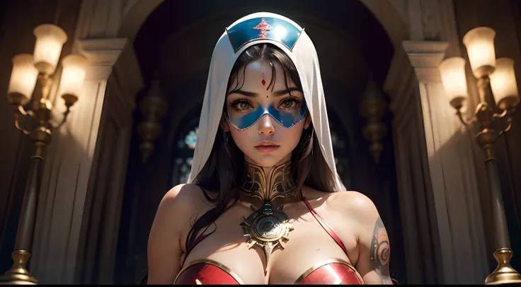 ((Foto ultrarrealista)), Voluptuous priestess with tattoos and percings on her body and an Iron Man mask, Hindu temple, bright illumination, Detalle extremo, colores vibrantes, enfoque prominente en el rostro, Enigmatic Expression.