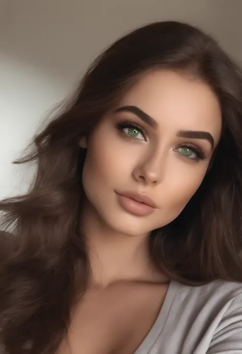 arafed woman fully , sexy girl with green eyes, ultra realistic, meticulously detailed, portrait sophie mudd, brown hair and large eyes, selfie of a young woman, dubai eyes, violet myers, without makeup, natural makeup, up close looking directly at the cam...