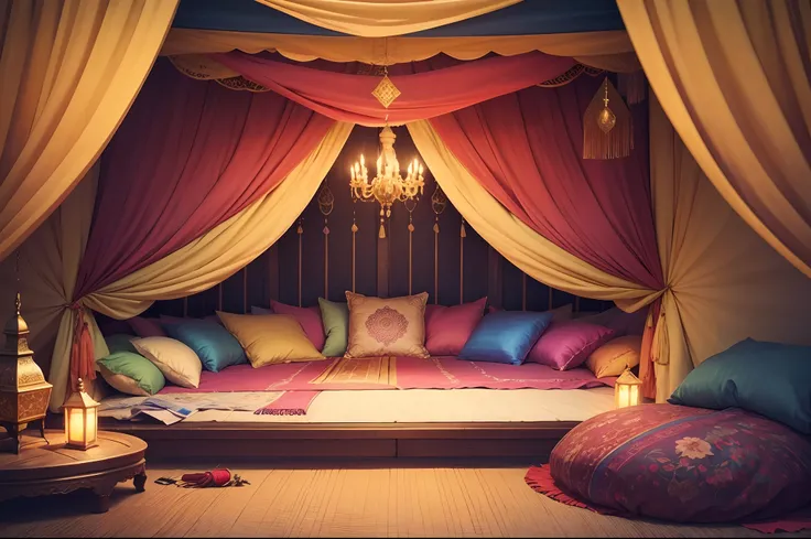 A colorful and vibrant tent, adorned with silk fabrics and golden curtains. The surrounding air is always filled with floral and sweet fragrances, and a gentle scent of incense wafts through the air. The citys inhabitants see it as an oasis of fragrant tra...