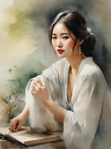 Watercolor painting of a Very Beautiful Korean girl : : Trending on Artstation: : Simple composition creates a sense of order and harmony. The painting reflects the spiritual qualities of the natural world. --up light --ar 9:16