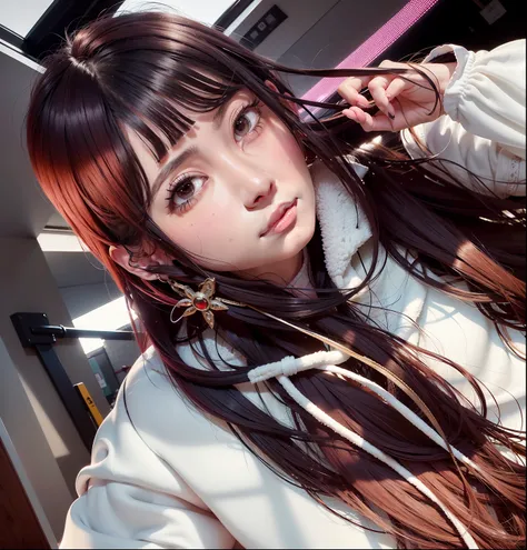 Arafed Asian girl with long red hair and a silver jacket, O corte Hime, Chiho, branco hime corte penteado, Shiori Teshirogi, com cabelos longos, cabelo comprido com franja completa, com franja, penteado liso, com longos cabelos ruivos, cabelos longos com f...