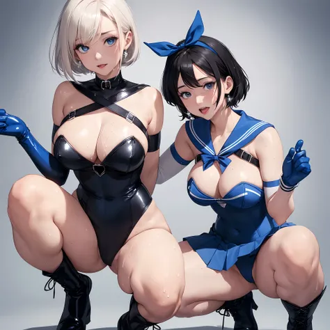 girl,Cute,1 persons,A sexy,Fighter,Magical,long,Colossal tits,blue sailor collar,Blue pleated skirt,Black Leotard,Best Quality,masuter piece,Adorable face,Rich background,Sailor Mercury,Sailor Senshi Suit, Blue Pupils,Long latex gloves,Blue ribbon at chest...