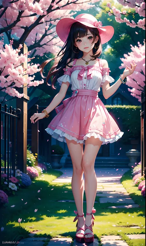 Immortalize the radiant and charming atmosphere in an artistic representation of a young girl.  Play with luminous colors, accentuate beautiful expression and cut items like bracelets, hats and a beautiful garden of pink cherry trees to create a gorgeous d...