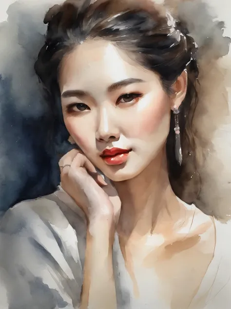 Watercolor painting of a Very Beautiful Korean girl : : Trending on Artstation: : Simple composition creates a sense of order and harmony. The painting reflects the spiritual qualities of the natural world. --up light --ar 9:16