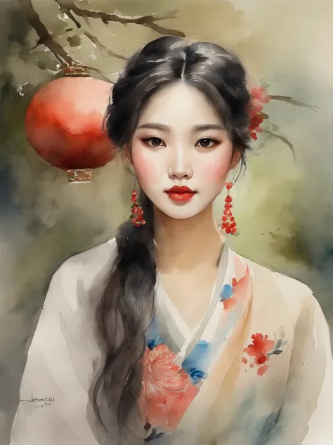 Watercolor painting of a Very Beautiful Korean girl : : Trending on Artstation: : Simple composition creates a sense of order and harmony. The painting reflects the spiritual qualities of the natural world. --up light --ar 9:16