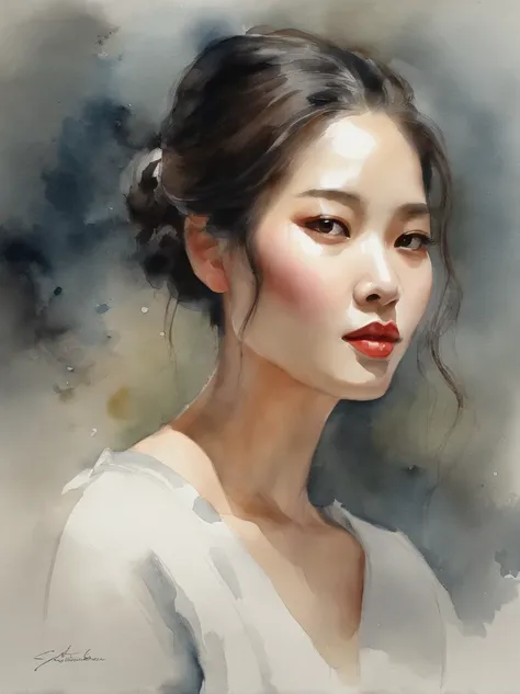 Watercolor painting of a Very Beautiful Korean girl : : Trending on Artstation: : Simple composition creates a sense of order and harmony. The painting reflects the spiritual qualities of the natural world. --up light --ar 9:16