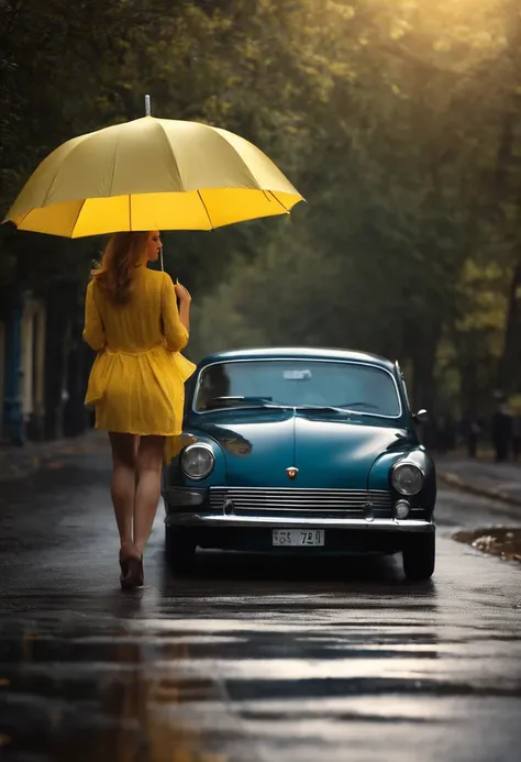 realistic picture, as photo, Girl under an umbrella, near the black car, Umbrella Yellow