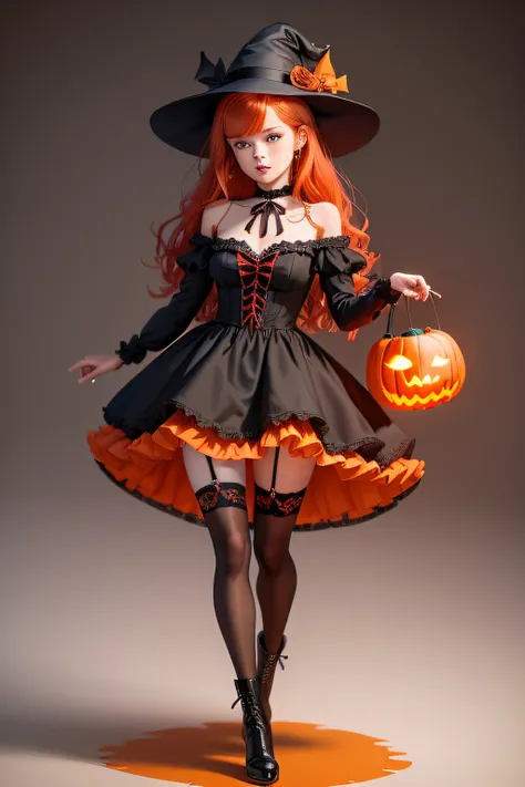 Generates a vector image of a cute naive Halloween girl standing with - red hair - black witch hat with orange ribbon - big olive eyes, black lace dress with orange bow on the neck - black boots with white lace stockings - a pumpkin to your left