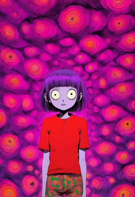 MASTERPIECE a woman in a red shirt standing inside of a purple hole, junji itos uzumaki, junji ito artwork, subtle junji ito, ito junji art, in style of junji ito, art style of junji ito, junji ito style, vertigo comic, style of satoshi kon, junji ito unde...