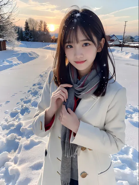 (Dressed in winter uniform with white coat and gray scarf、Portrait of one girl with slender small breasts and long hair with dull bangs:1.5)、(One girl opens her hands wide、Small smile and hair fluttering in the wind :1.3)、(Beautiful snowy sunset red sky:1....